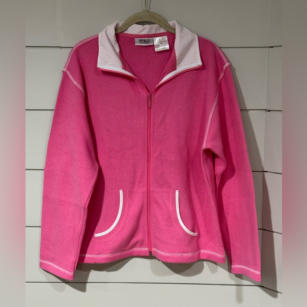 NEW Vintage PBJ Sport Pink Cotton Collared Knit Full Zip Cardigan Size L